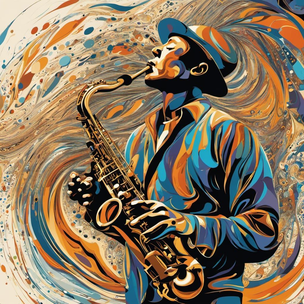 Saxophone Player in Starry Universe, Expressionist Art