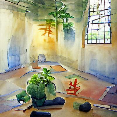 Watercolor Yoga Room with Plants and Sunlight