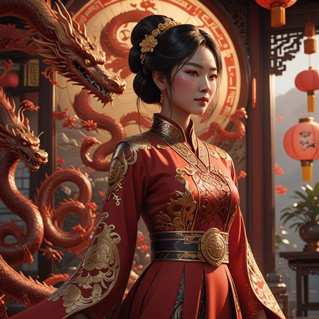 Exotic Chinese Beauty Amidst Vibrant Dragon Splendor