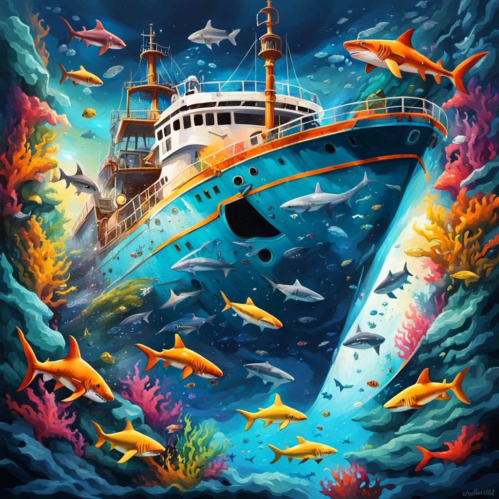 Cool underwater ship wreak with sharks and fish swimming around and light reflection
