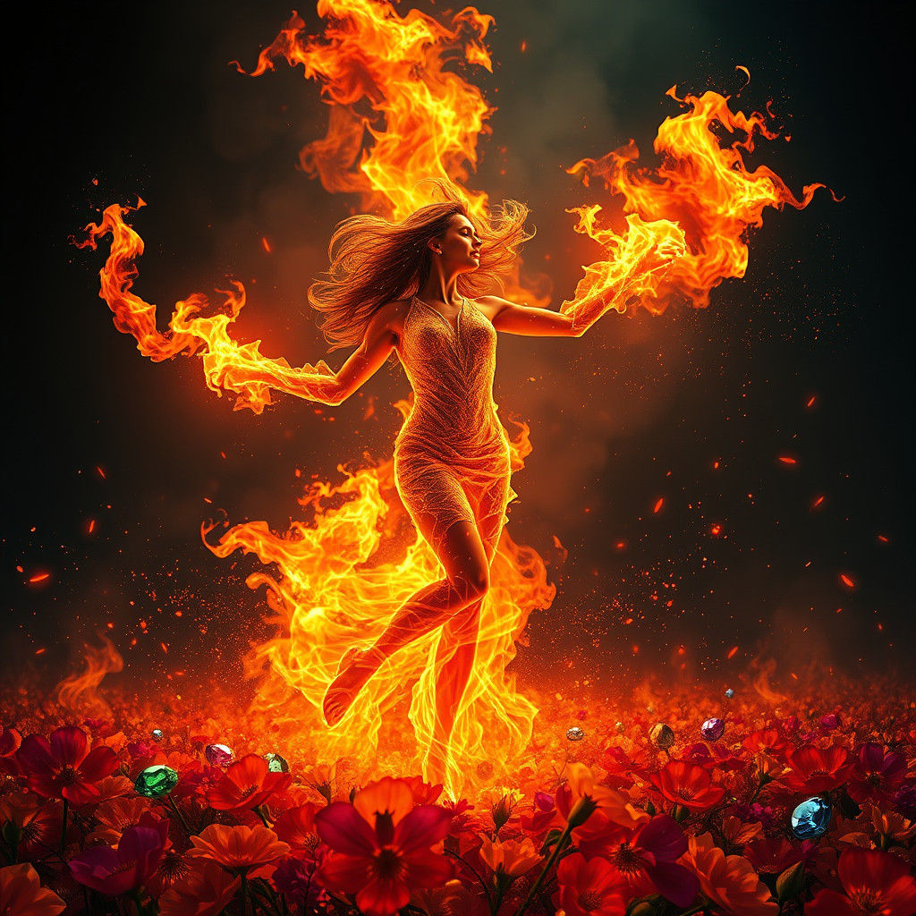 Fiery Woman with Gems and Flowers