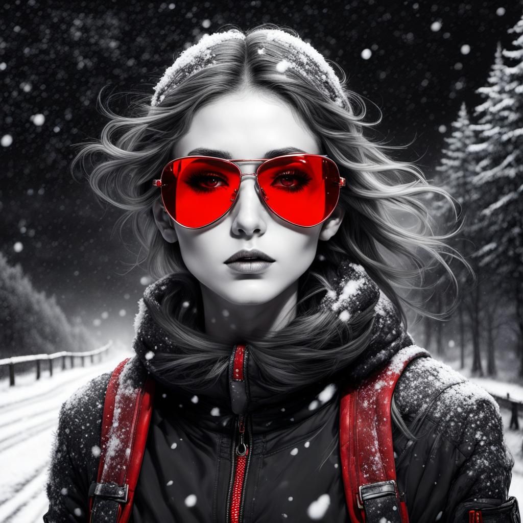 Fractal Girl on Dystopian Road in Charcoal Style