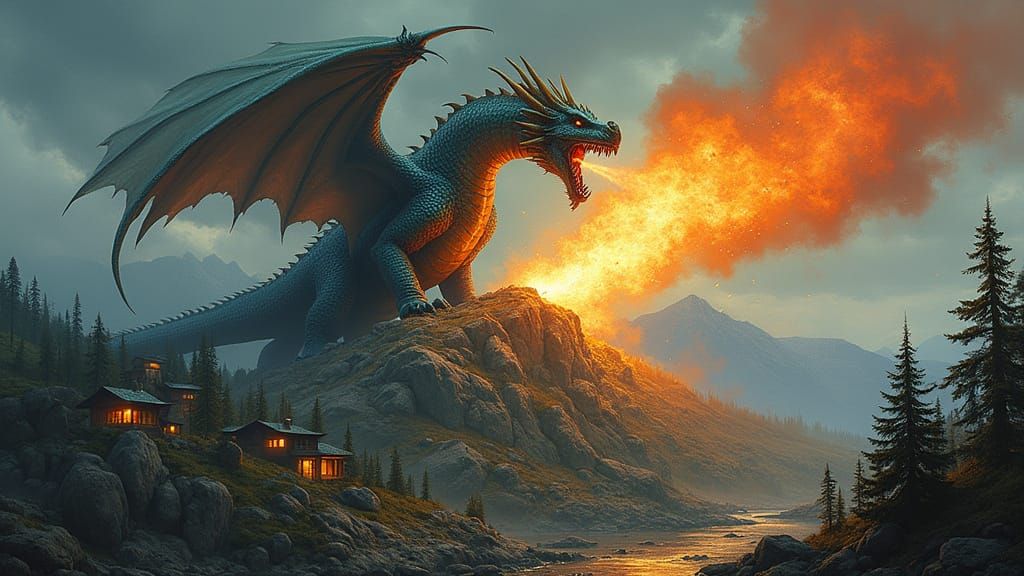 Majestic Dragon Unleashes Fireball on Mountain