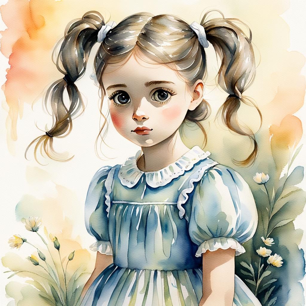 Watercolor Portrait of Girl with Pigtails