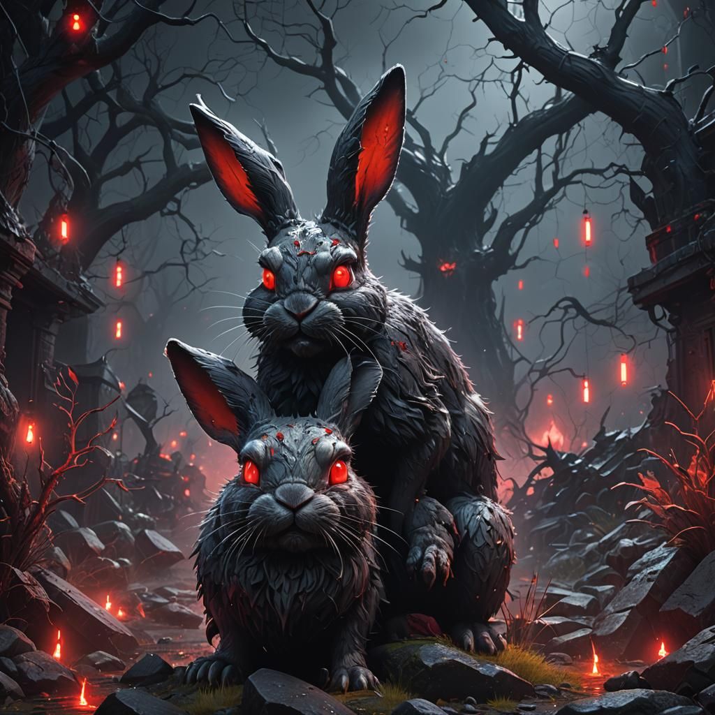 Evil Bunny with Red Eyes in Dark Mist