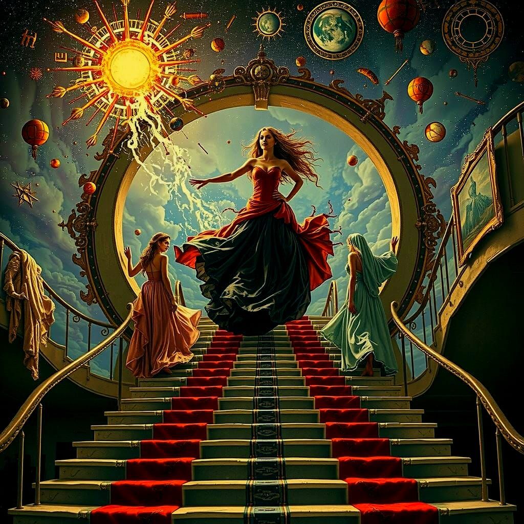 Three Sisters Ascend Celestial Staircase in Hyperrealistic S...