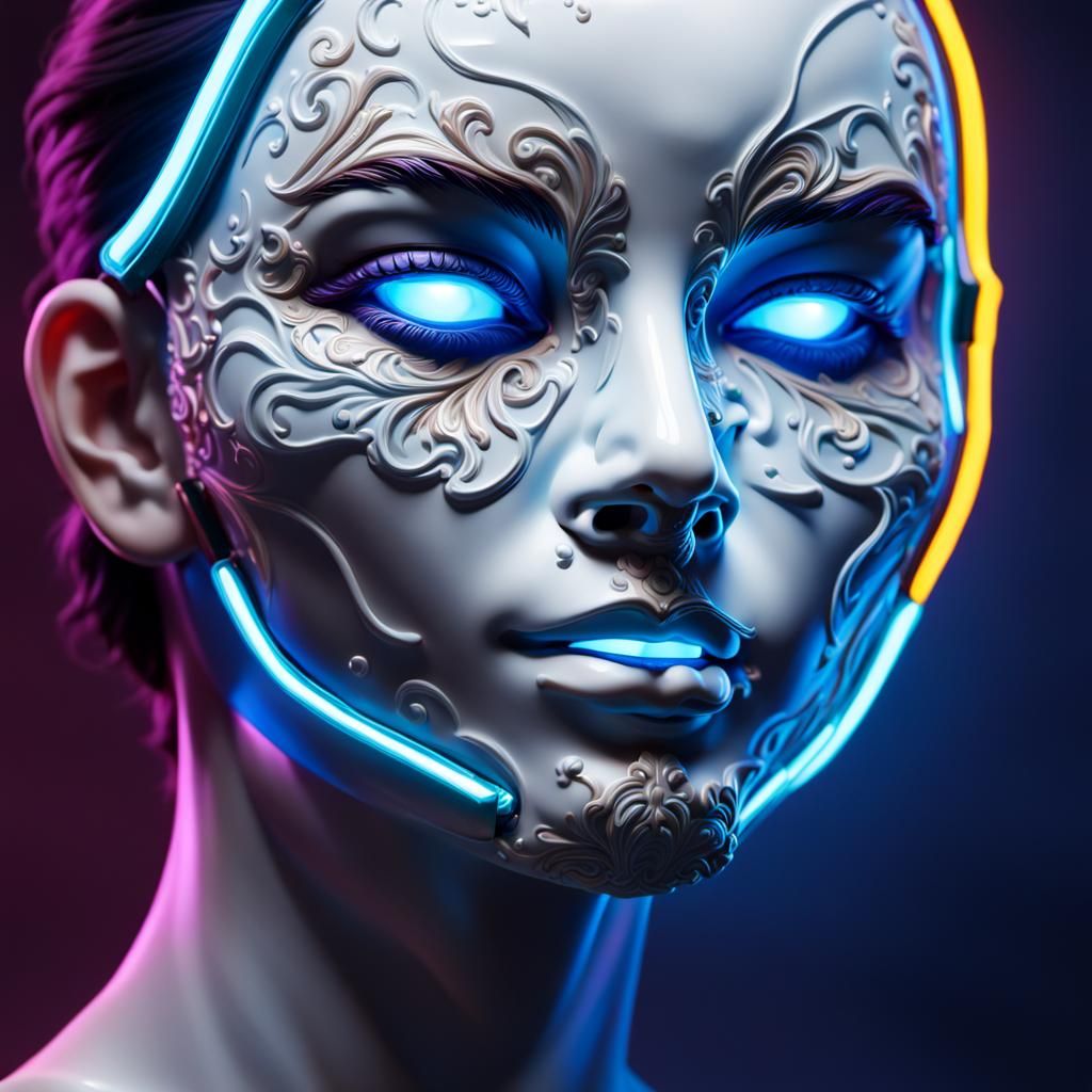 Neon-lit Porcelain Mask in Hyperrealistic Splash Art