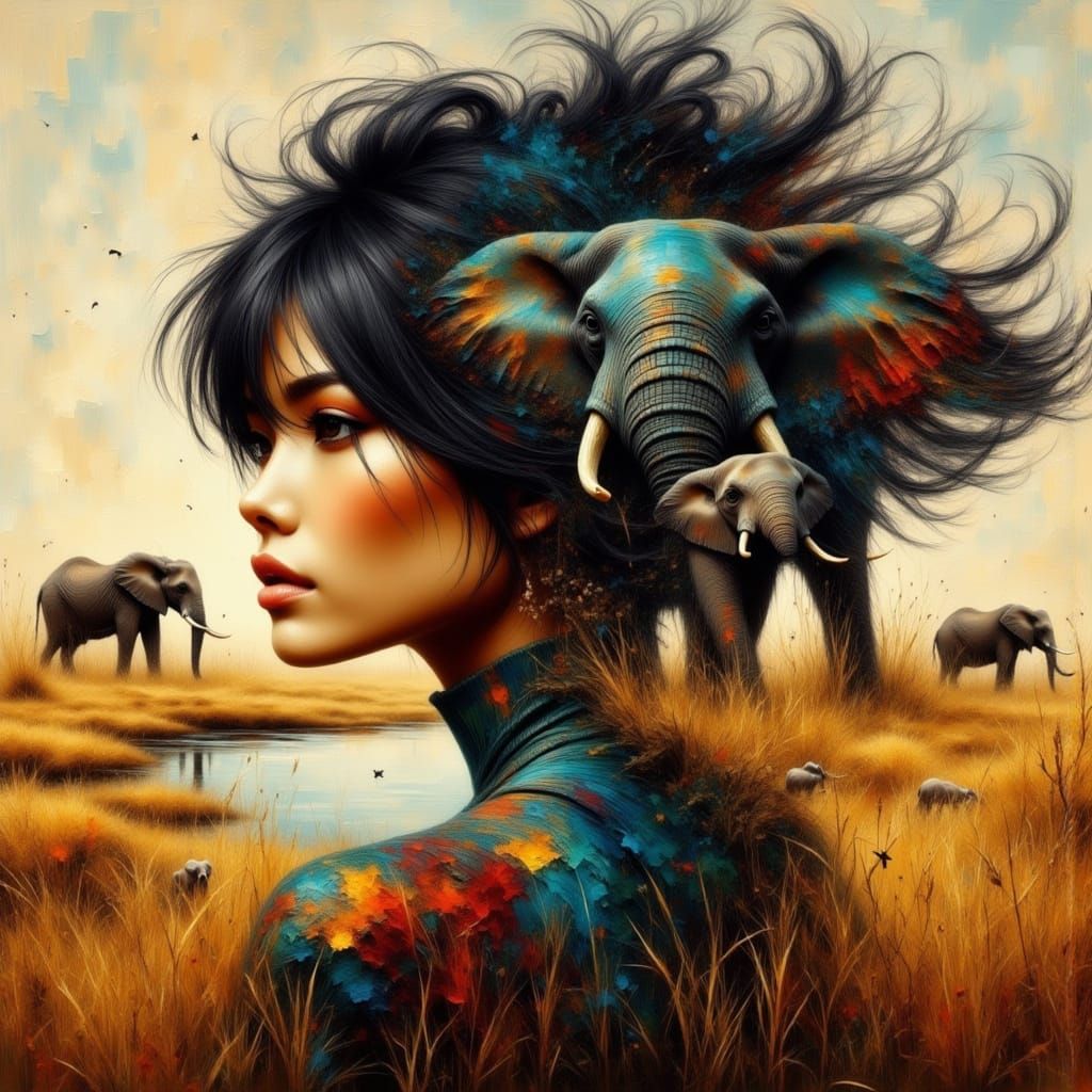 Woman and Elephants in Double Exposure Impasto Painting