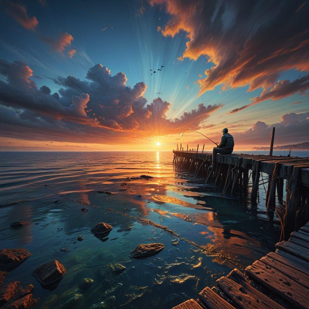 Fisherman at Sunset: A Surreal Oil Painting