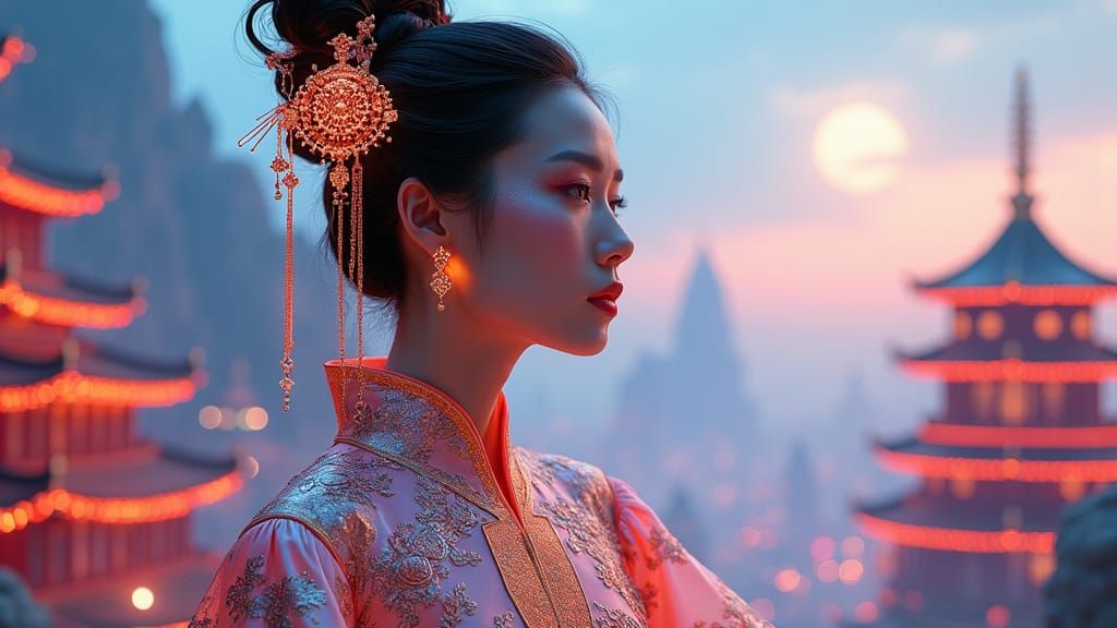 Sci-Fi Chinese Woman in Hanfu, Cyberpunk Cityscape