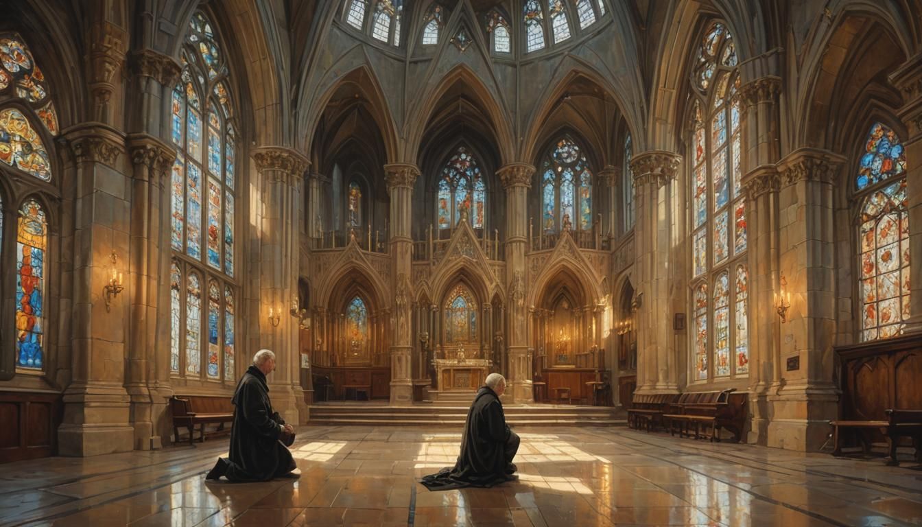 Surreal Faithful Figure Basks in Golden Chapel Light