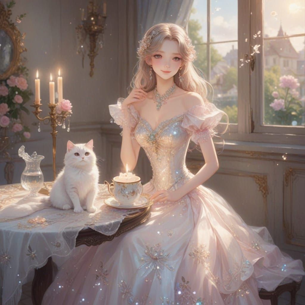 Anime Cat in Ball Gown Sipping Tea at Sunrise