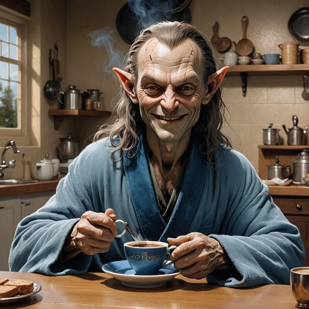 Smeagol's Coffee Break: A Hyperrealistic Portrait