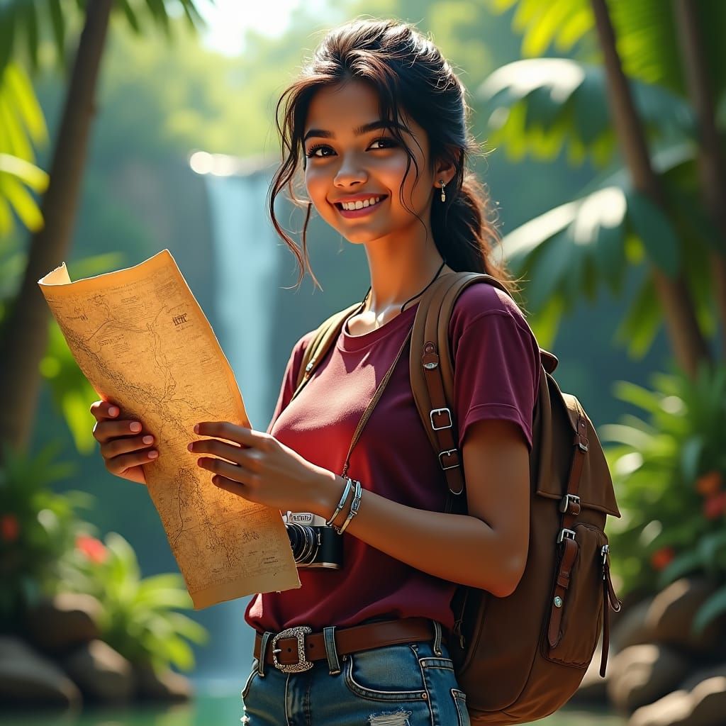 Indian Woman Traveler in Tropical Landscape