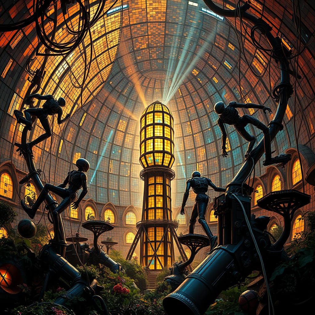 Robotic Silhouettes Ascend Mirrored Dome in Botanical Paradi...