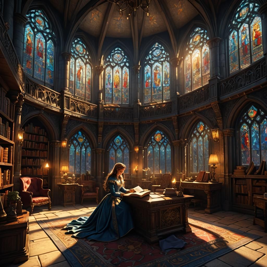 Princess Reading in Medieval Lair Library