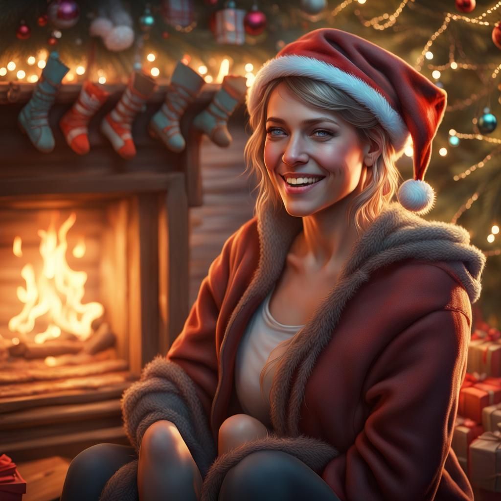 Festive Firebox Burns Christmas Tree: Hyperrealistic Portrai...