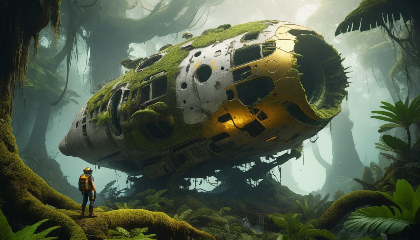 Wrecked Spaceship on Tropical Alien Planet in Fantasy Concep...