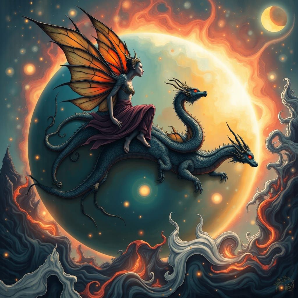 Surreal Xenomorph Fairy Rides Dragon Over Gas Planet with Fr...