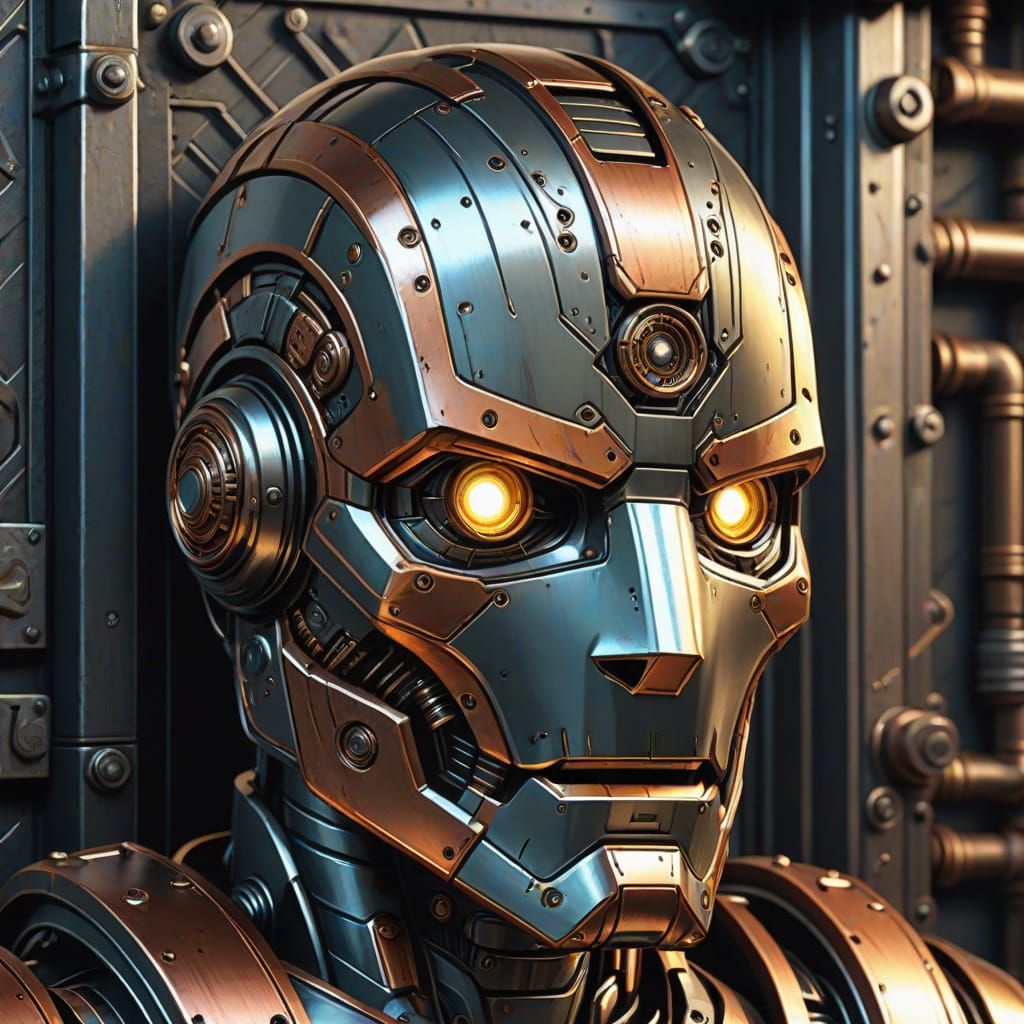 Industrial Metal Mask Robot in Dimly Lit Environment