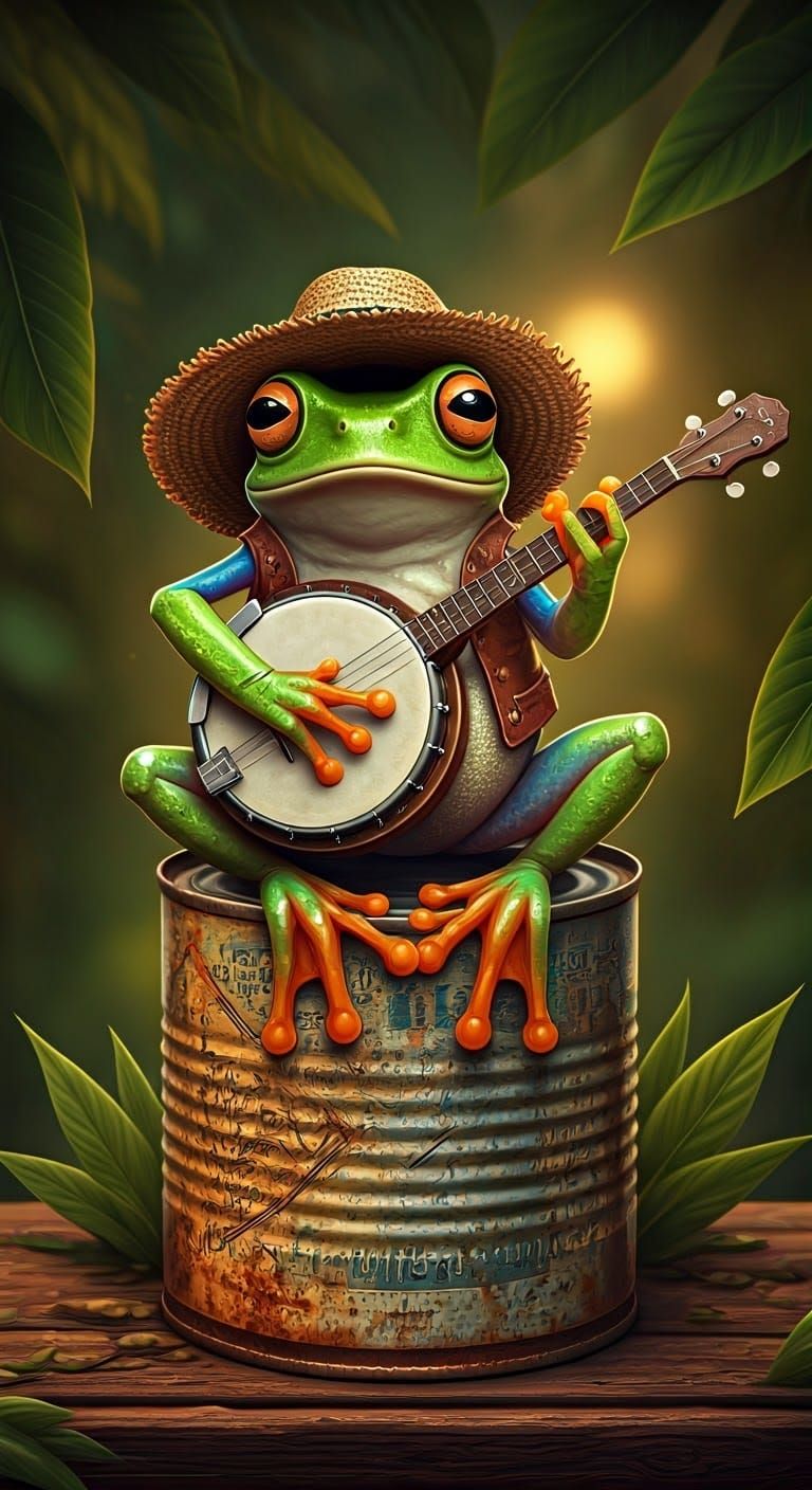 Whimsical Frog in Folk-Art Style Playing Vintage Banjo on Ru...