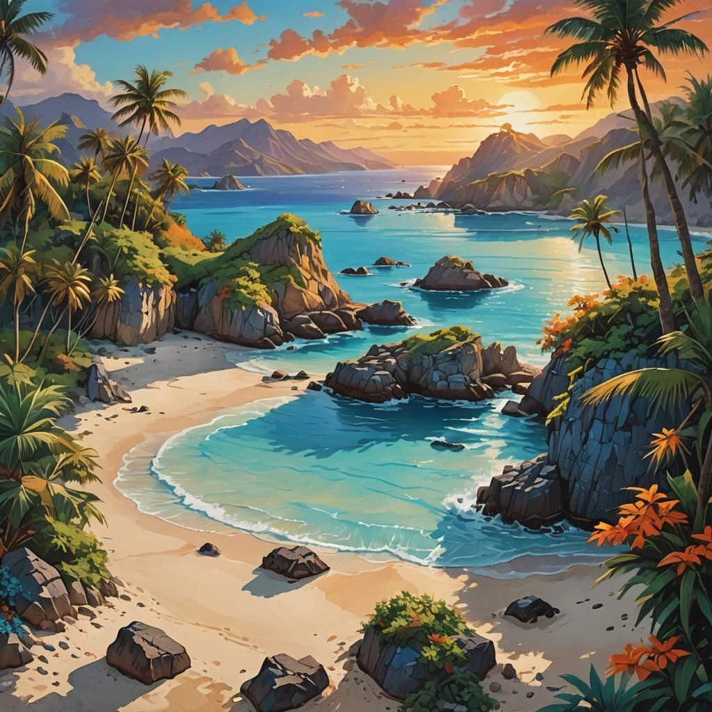 Tropical Island Sunset in Fantasy Concept Art Style