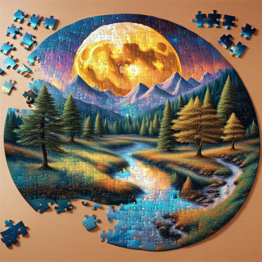 Holographic Jigsaw Puzzle Landscape with Golden Moon