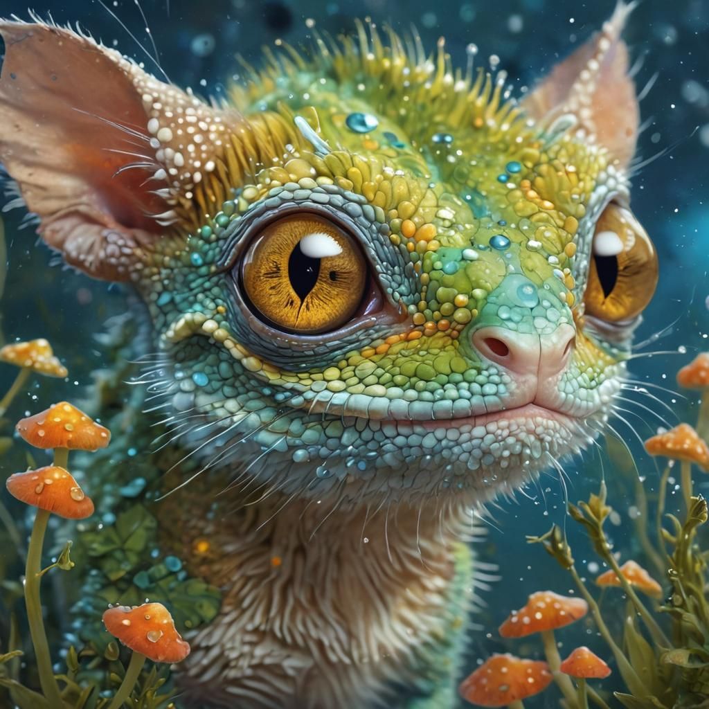 Whimsical Fantasy Chameleon Kitten in Vibrant Oil Painting