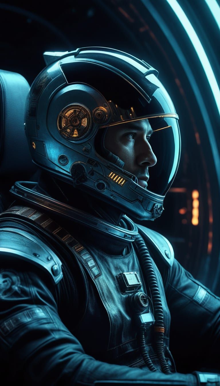 Cyberpunk Space Racer with Skull Helmet in Cosmic Void