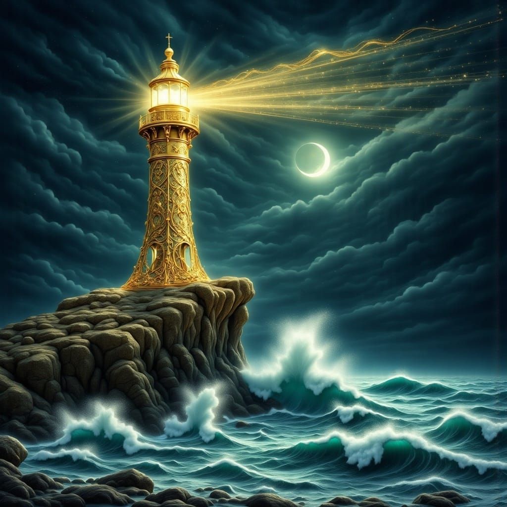 Golden Art Nouveau Lighthouse Shines in the Night
