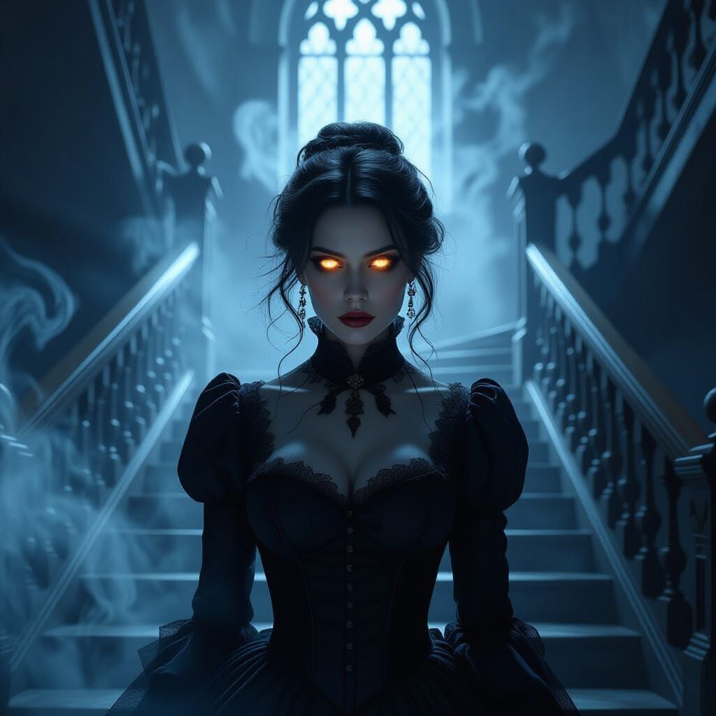 Spectral Woman on Castle Stairs, Dark Romantic Painting