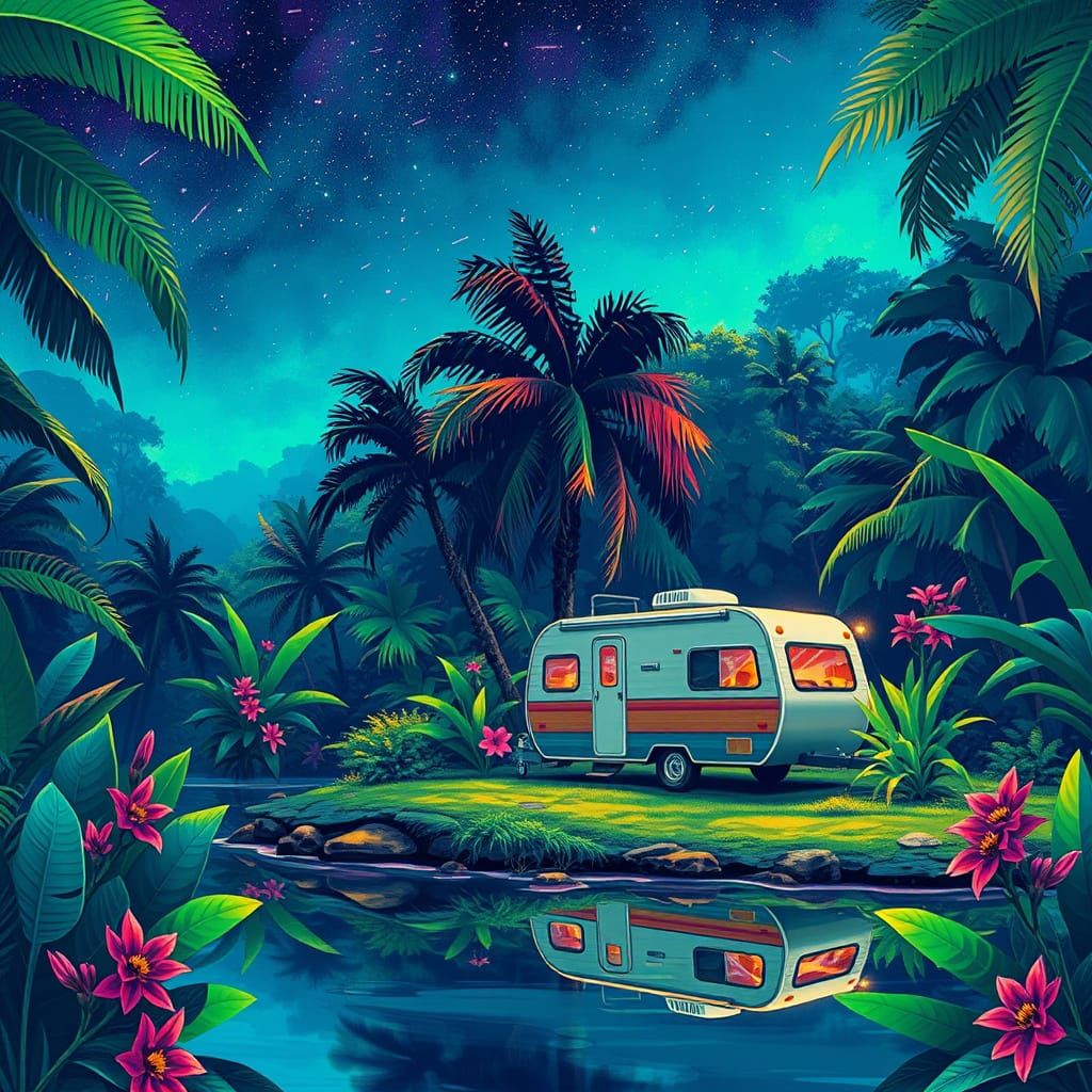 Neon Jungle Camper Under Shooting Stars