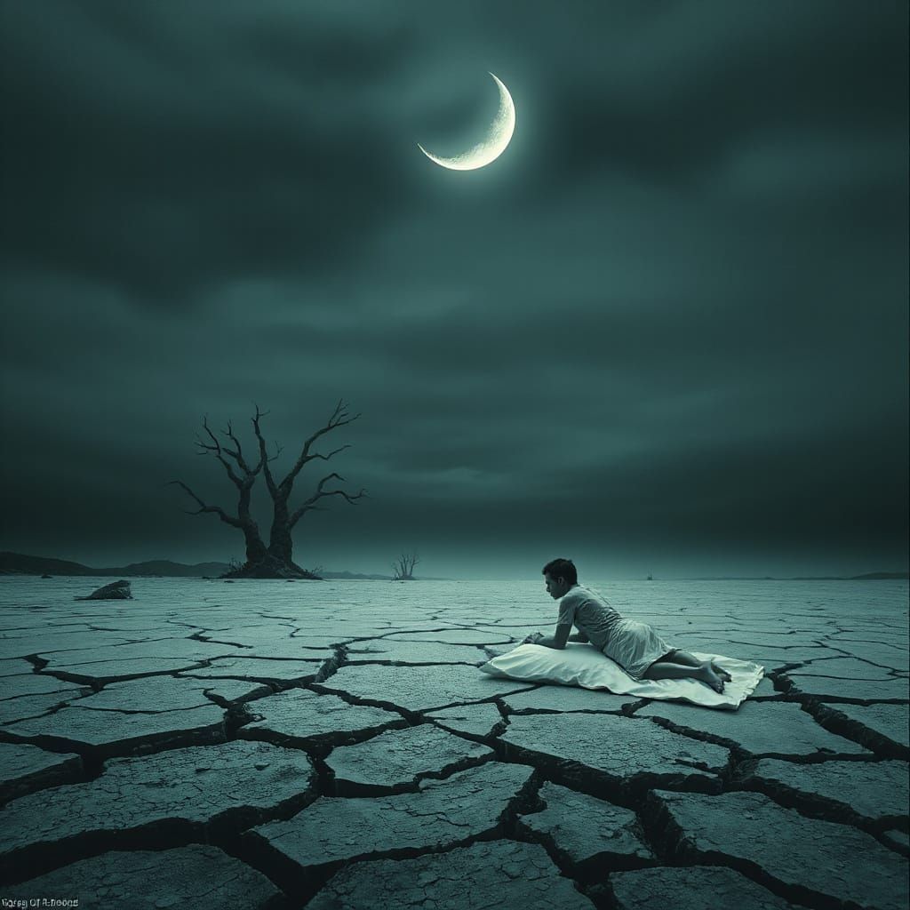 Gothic Landscape with Solitary Figure Under Crescent Moon