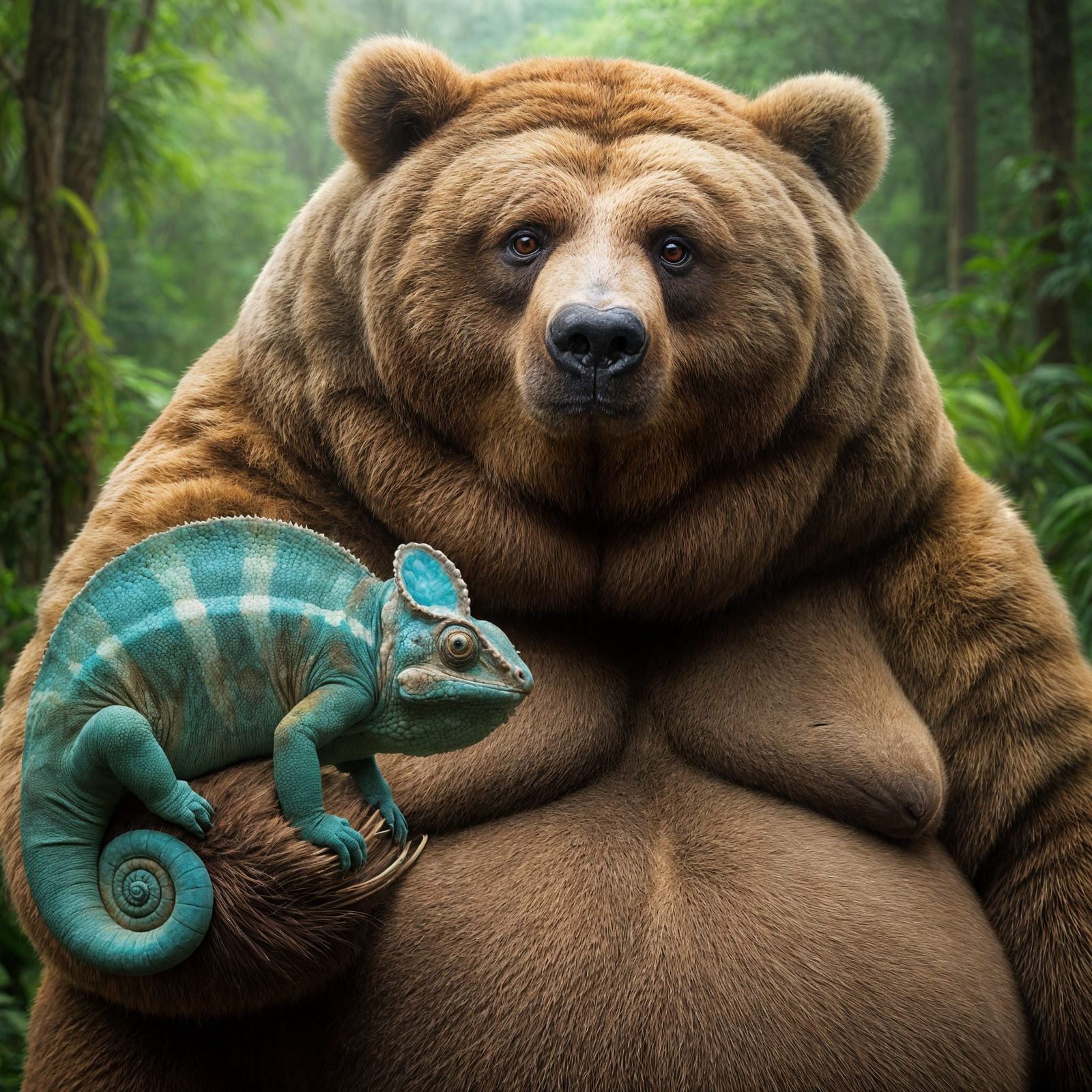 Sarcastic Obese Bear Holding a Chameleon