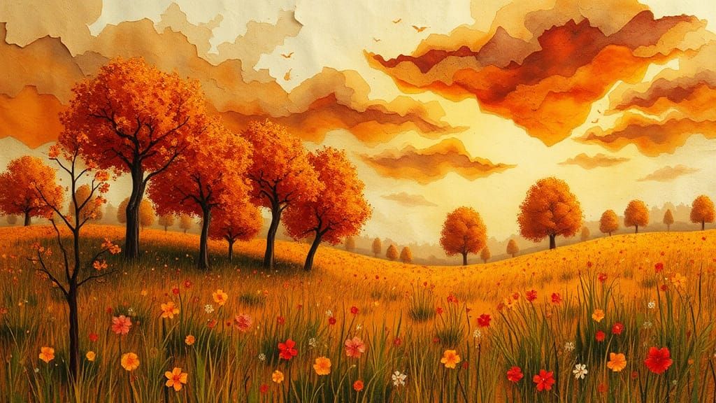Impressionist Paper Collage of Autumn Meadow