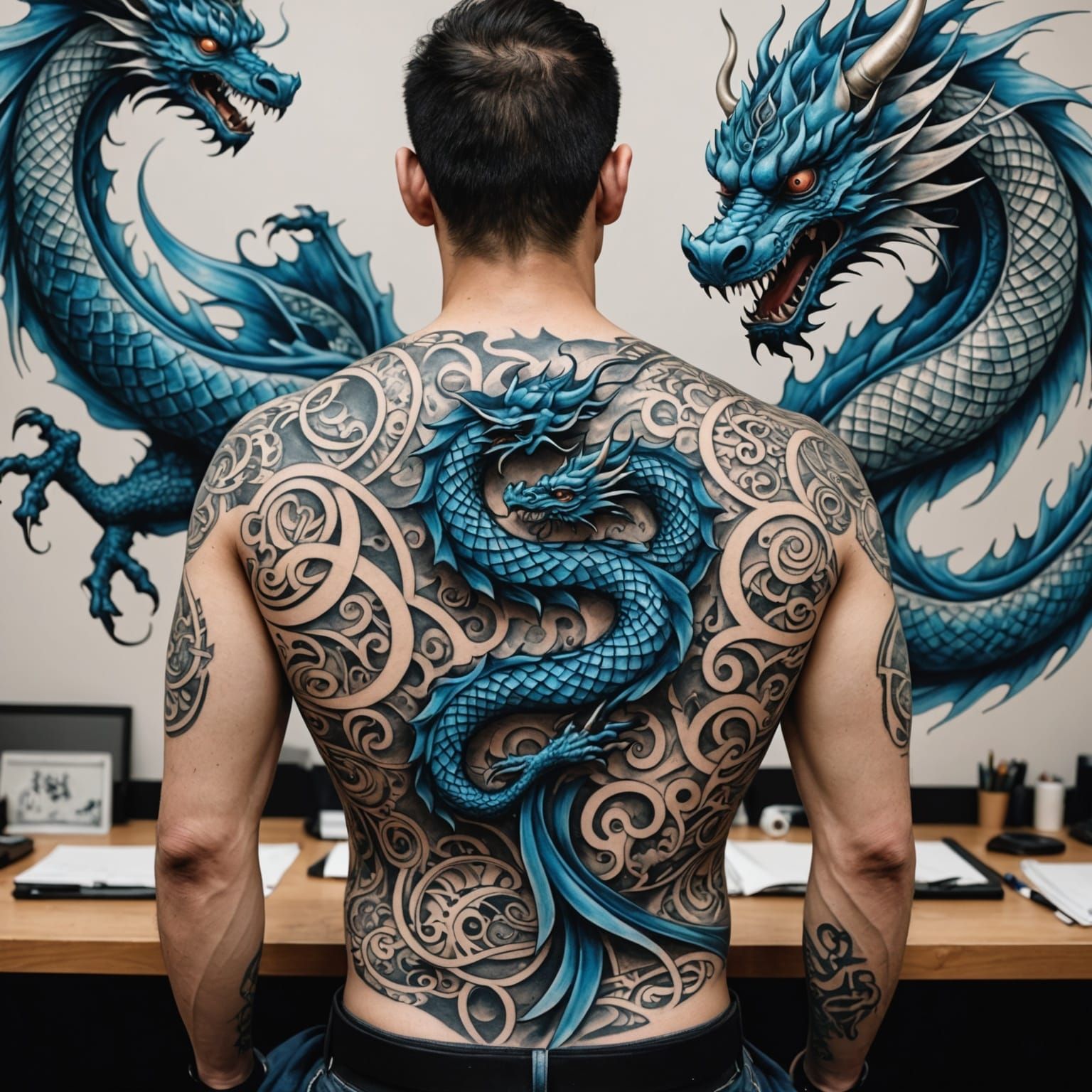 Azure Dragon Tattoo Art on Man's Back