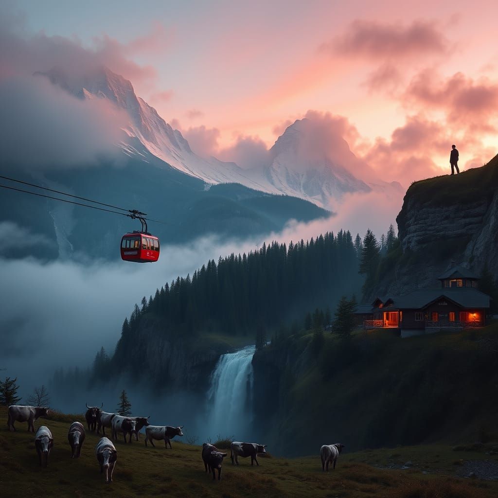 Whimsical Red Cable Car in Misty Alpine Dawn Landscape