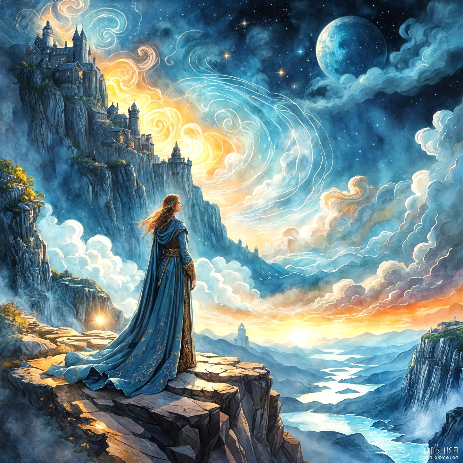 Medieval Woman Gazes at Celestial Map Above Lighthouse