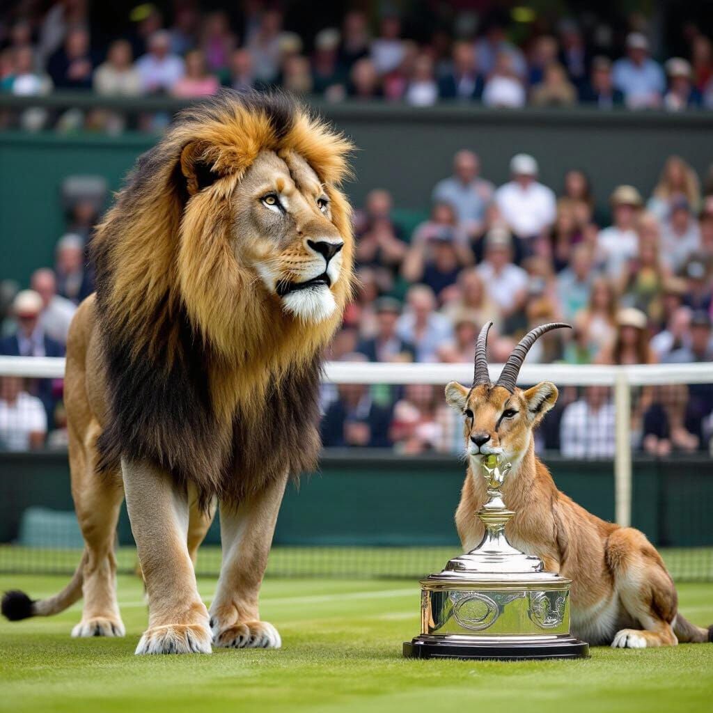 Lion Plays Tennis at Wimbledon with Antelope Trophy