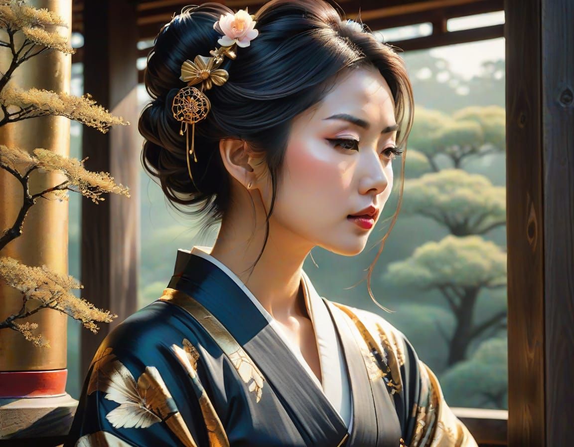 Japanese Pagoda Scene in Neo-Traditional Ink Style