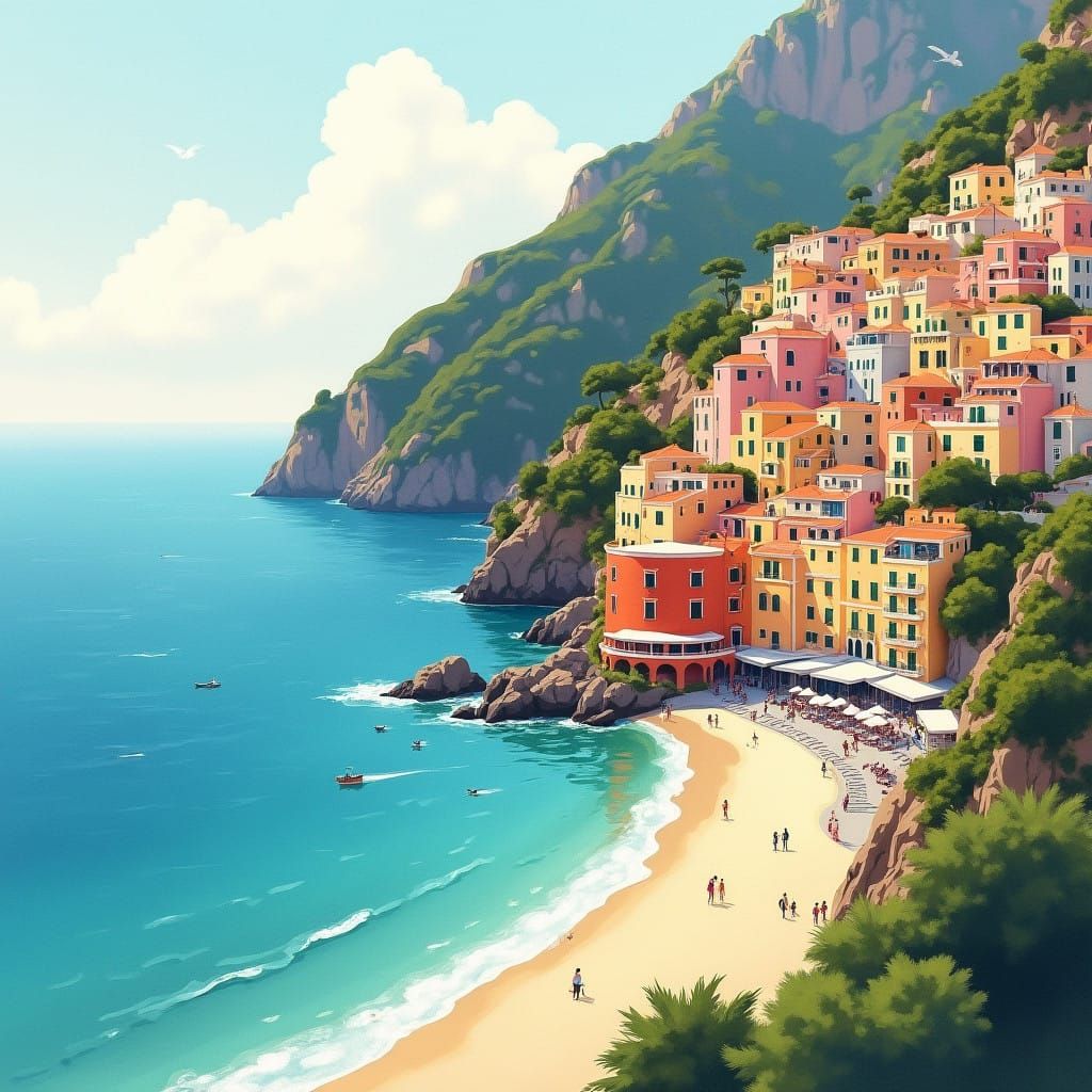 Surreal Italian Coastal Scene with Pastel Houses and Turquoi...