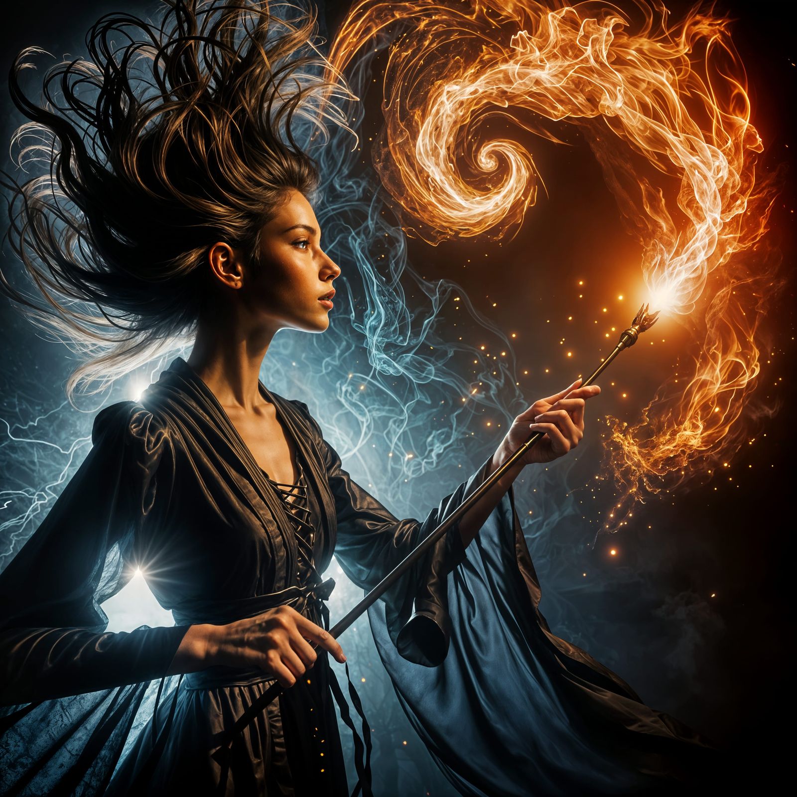 Sorceress Summons Fire Golem with Magic Wand