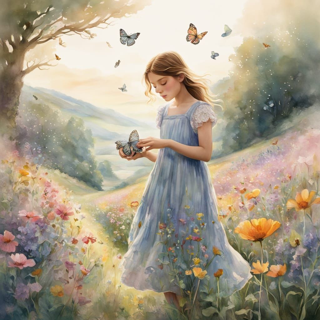 Girl Photographing Butterfly in Whimsical Watercolor Style