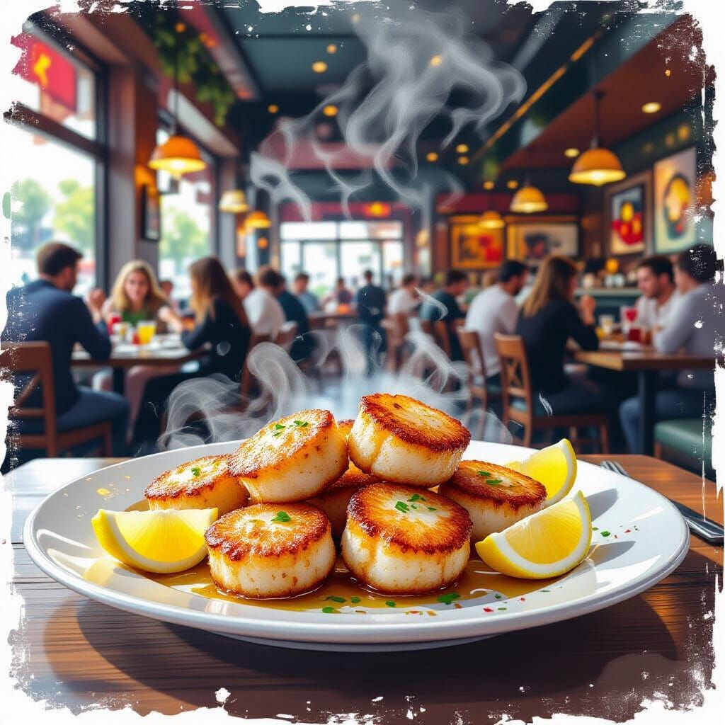 Golden Fried Scallops in Seafood Restaurant, Digital Paintin...