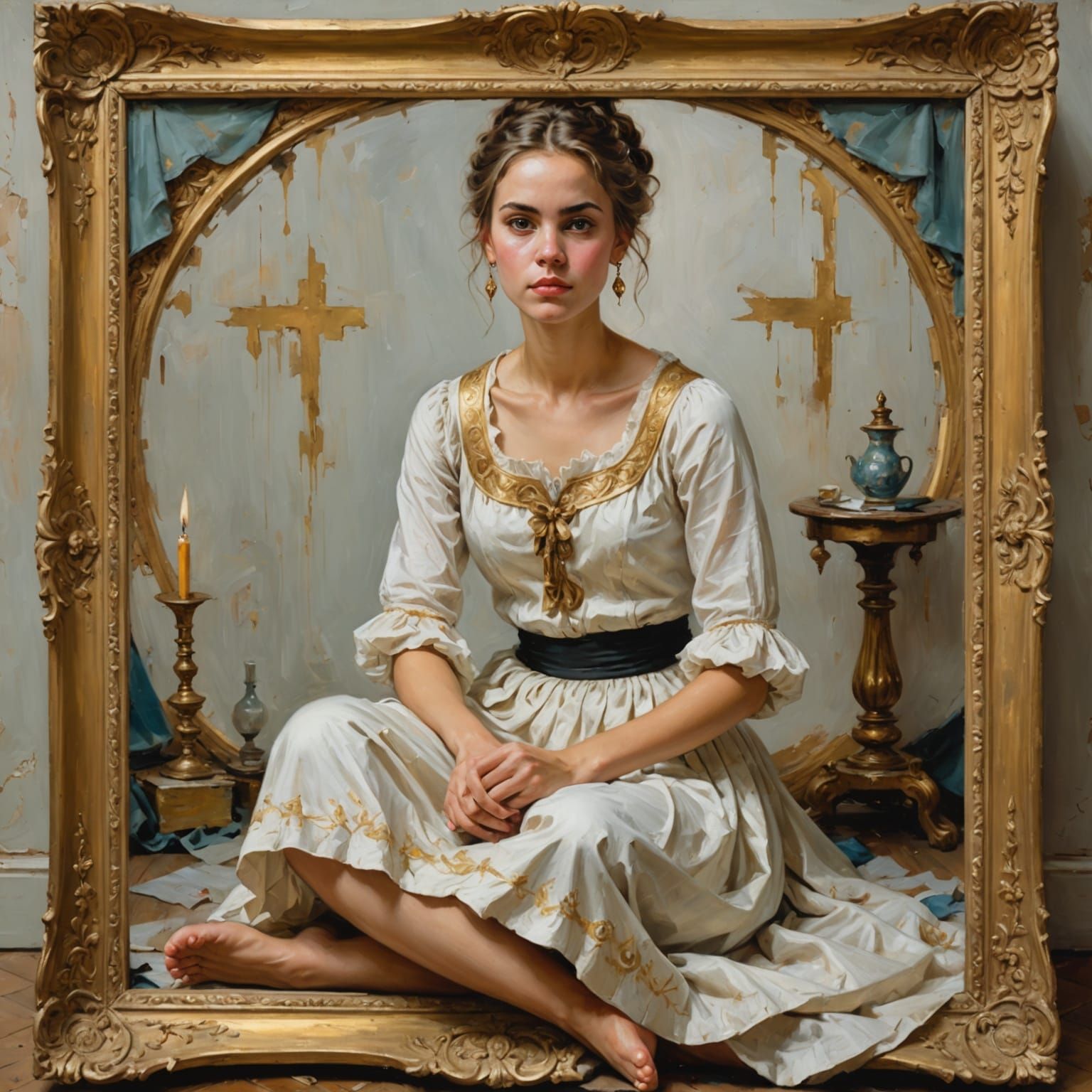 Barefoot Woman in Golden Frame: An Oil Painting