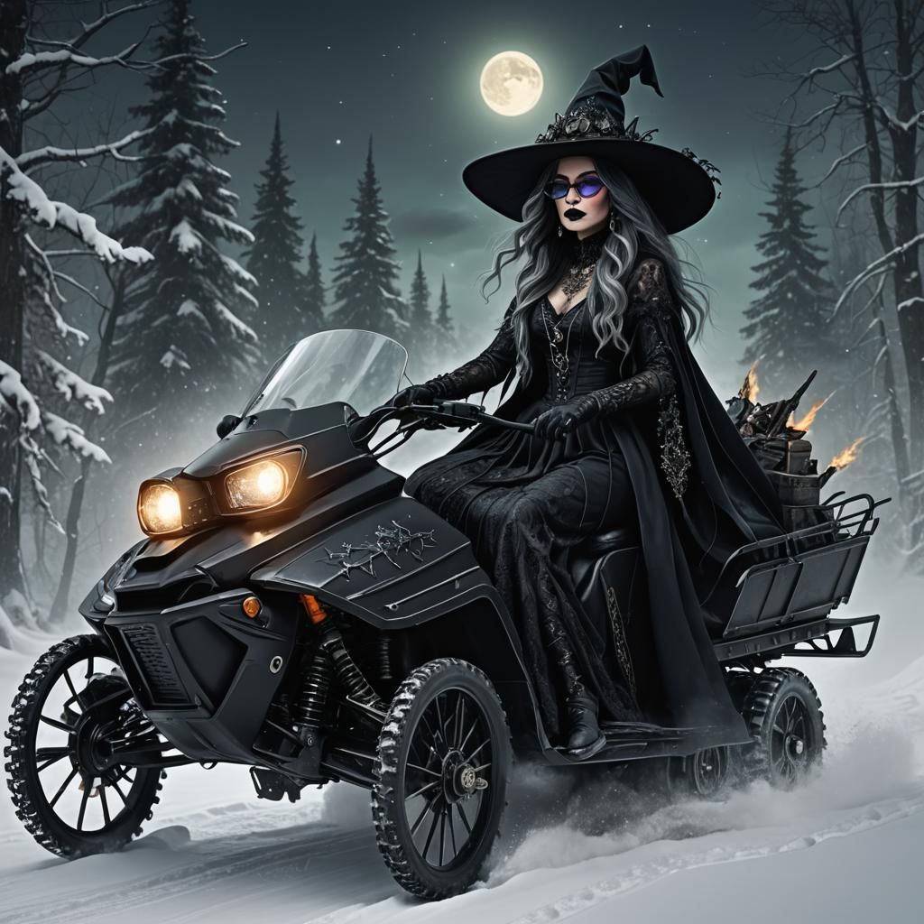 Gothic Witch Rides a Snowmobile: Detailed Matte Painting