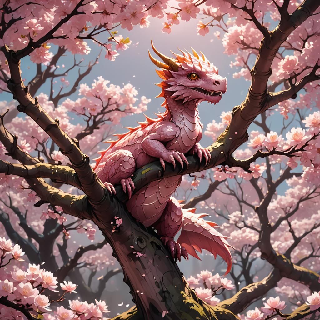 Anime Dragon in Cherry Blossom Tree