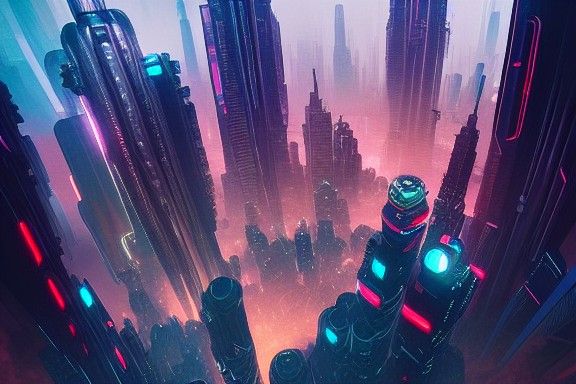 Cyberpunk Megacity Bird's-Eye View in Detailed Matte Paintin...