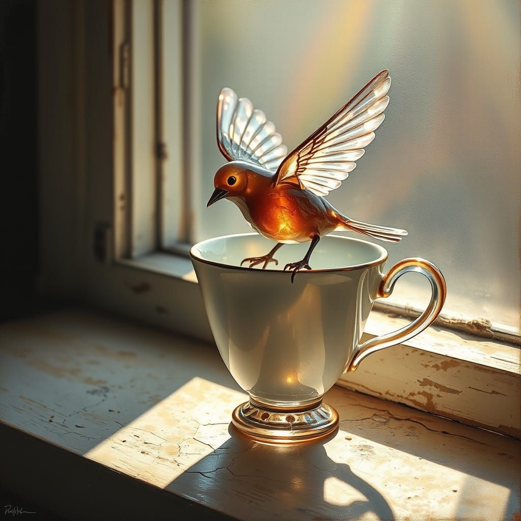 Glass Bird on Cracked Teacup - Hyperrealistic Oil Painting