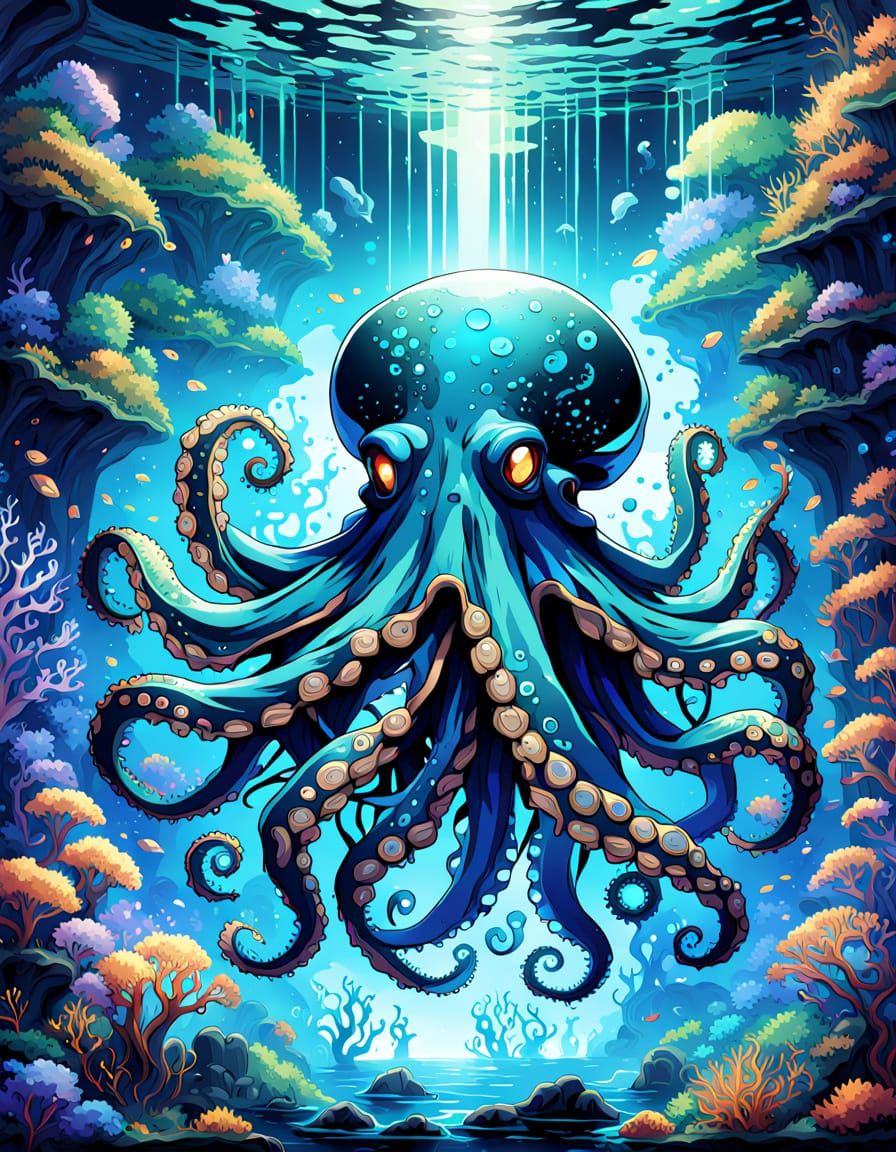 Biomechanical Octopus in Deep Sea Anime Style